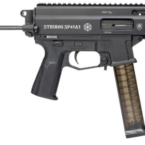 Grand Power 197892004831 SP45A3 Stribog 45 ACP 20+1 8" Black Threaded Barrel, Black Aluminum Picatinny Rail Receiver, Black PDW Tailhook Brace, Black Polymer Grip, Thread Protector